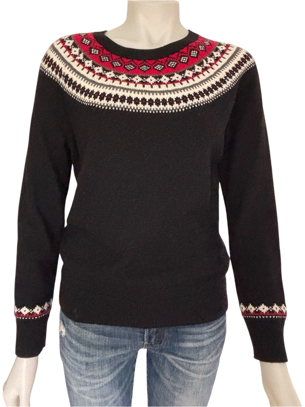Talbots Fair Isle Lambswool Blend Crewneck Sweater Black Red White Medium